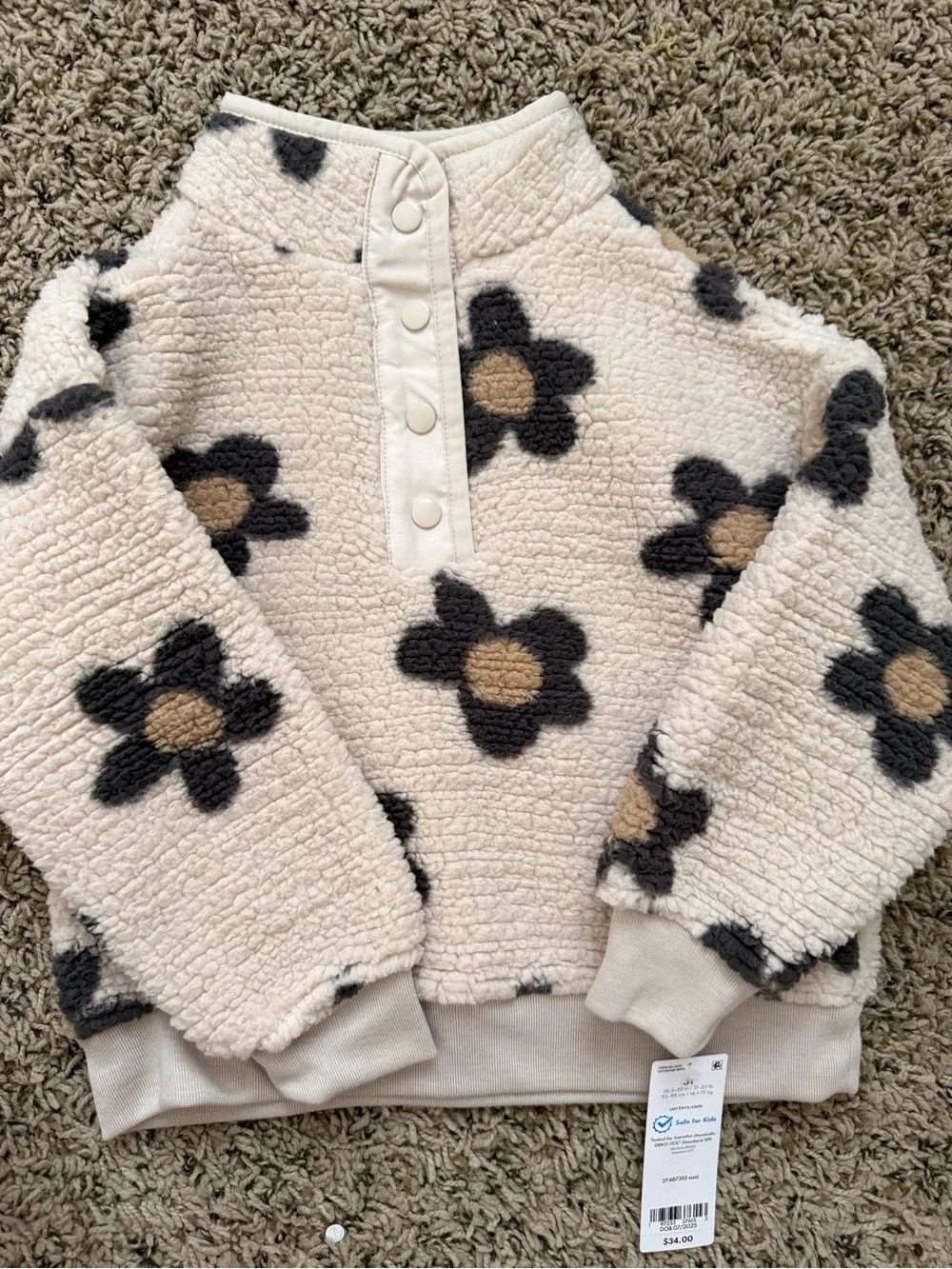 Carter's Cream Sherpa Pullover with Black and Tan Floral Print